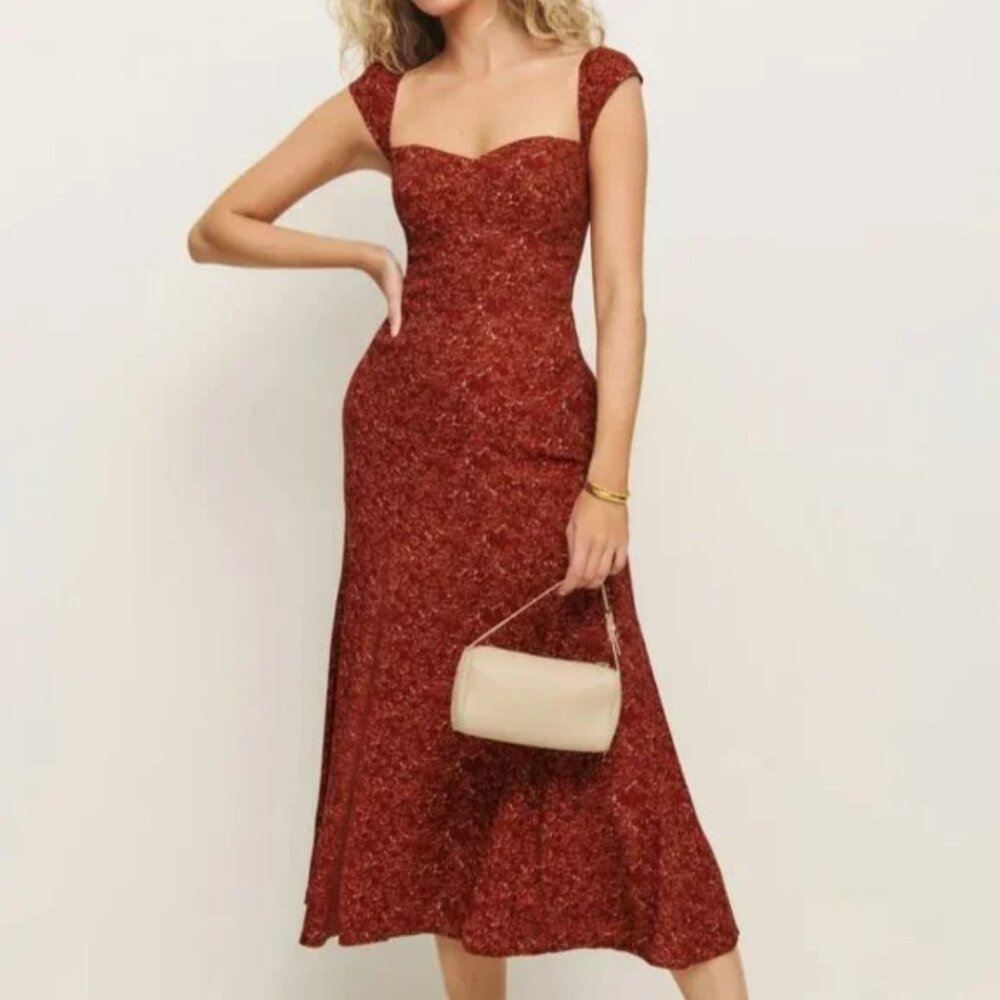 NWOT Reformation Bryson Midi Dress in Roseanne Red Floral Size 4